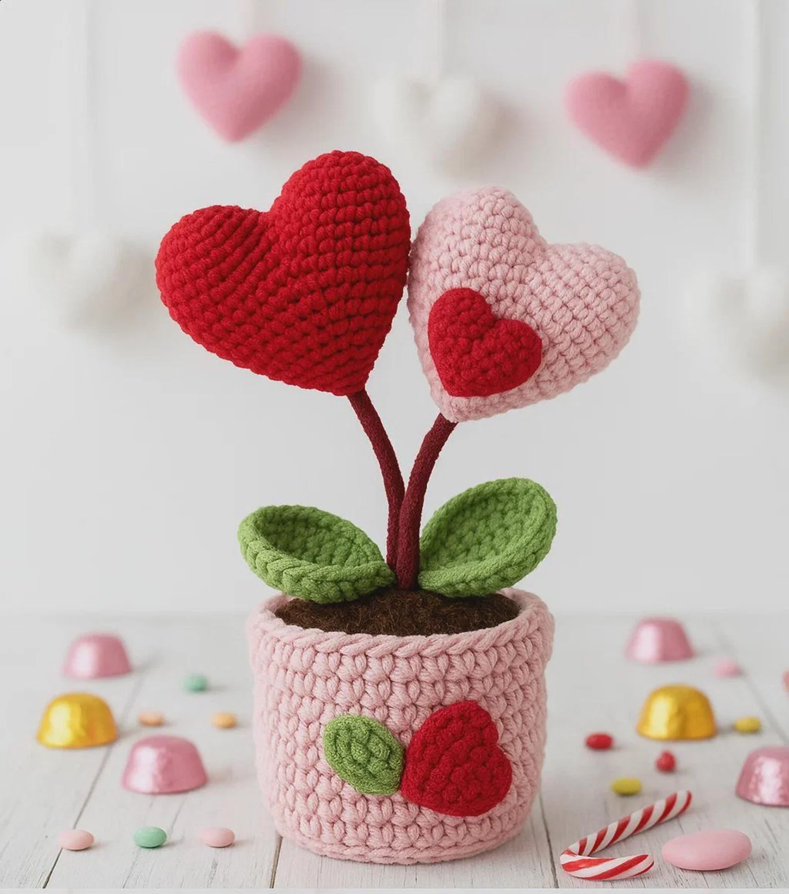 A crochet flower pot with three heart-shaped flowers and green leaves, surrounded by candy, confetti, and small containers, on a white wooden surface.