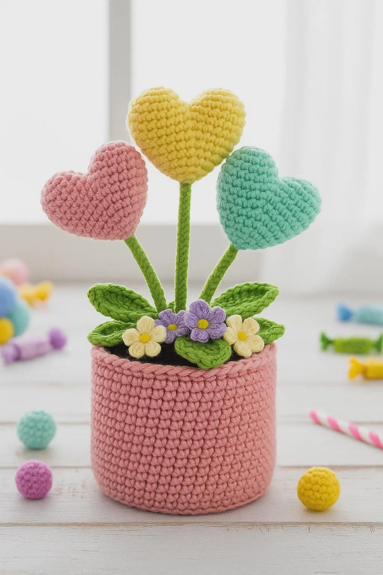Crochet Heart Bouquet – Handmade Amigurumi Potted Flowers