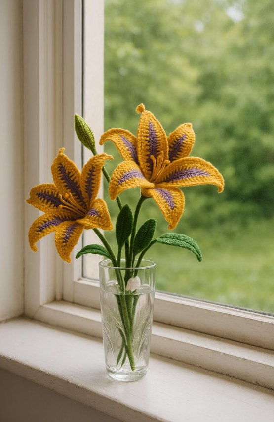 Handmade yellow and purple striped lily flowers in a glass vase placed on a window sill with a green outdoor background.