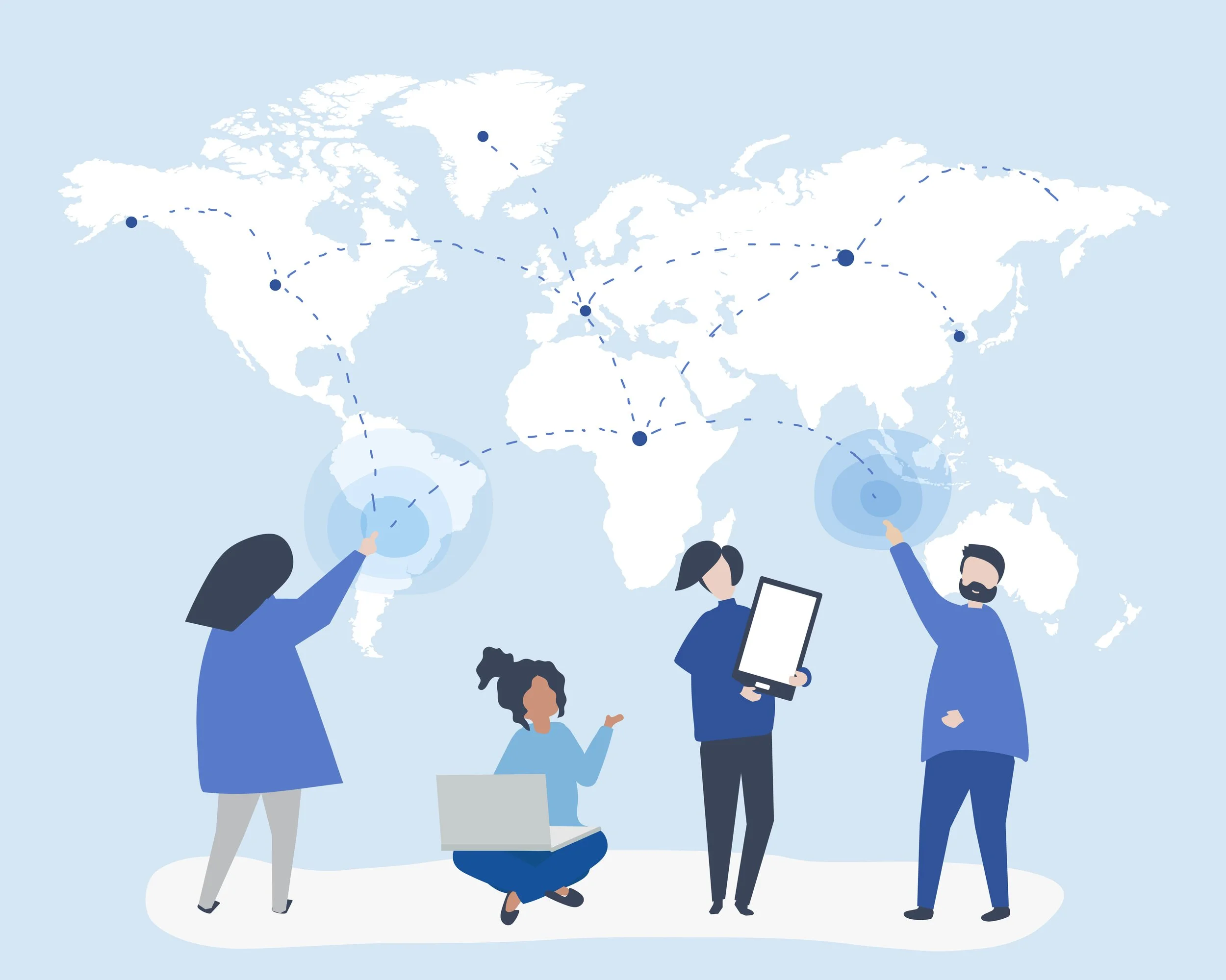 Abstraktes Bild mit vier Personen vor einer Weltkarte, die verbunden sind, dargestellt durch Linien und Punkte, symbolisch für globale Kommunikation oder Vernetzung.