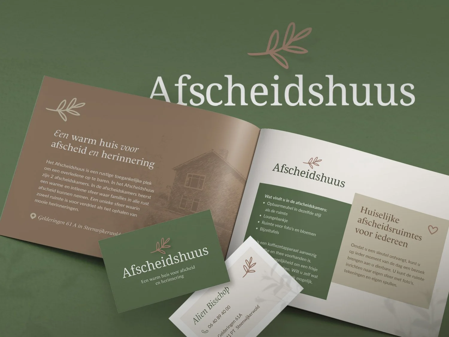 Brochure and card for a funeral home called 'Afscheidshuis,' with descriptions of services and contact information in Dutch, set on a green background.