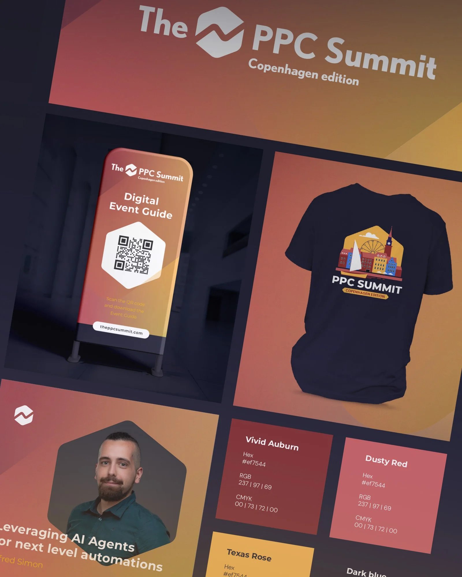 Promotional poster for The PPC Summit Copenhagen edition featuring event guide QR code, a black T-shirt with cityscape logo, a portrait of a man, and color swatches including Vivid Auburn, Dusty Red, Texas Rose, and Dark Blue.
