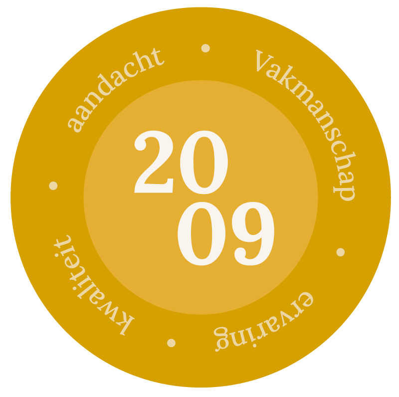 A circular badge with a gold background displaying the date 20-09 in large white numbers in the center, surrounded by a ring of text in Dutch that reads 'aandacht', 'Vakmanschap', 'Gvuurning', 'Kwaliteit'.
