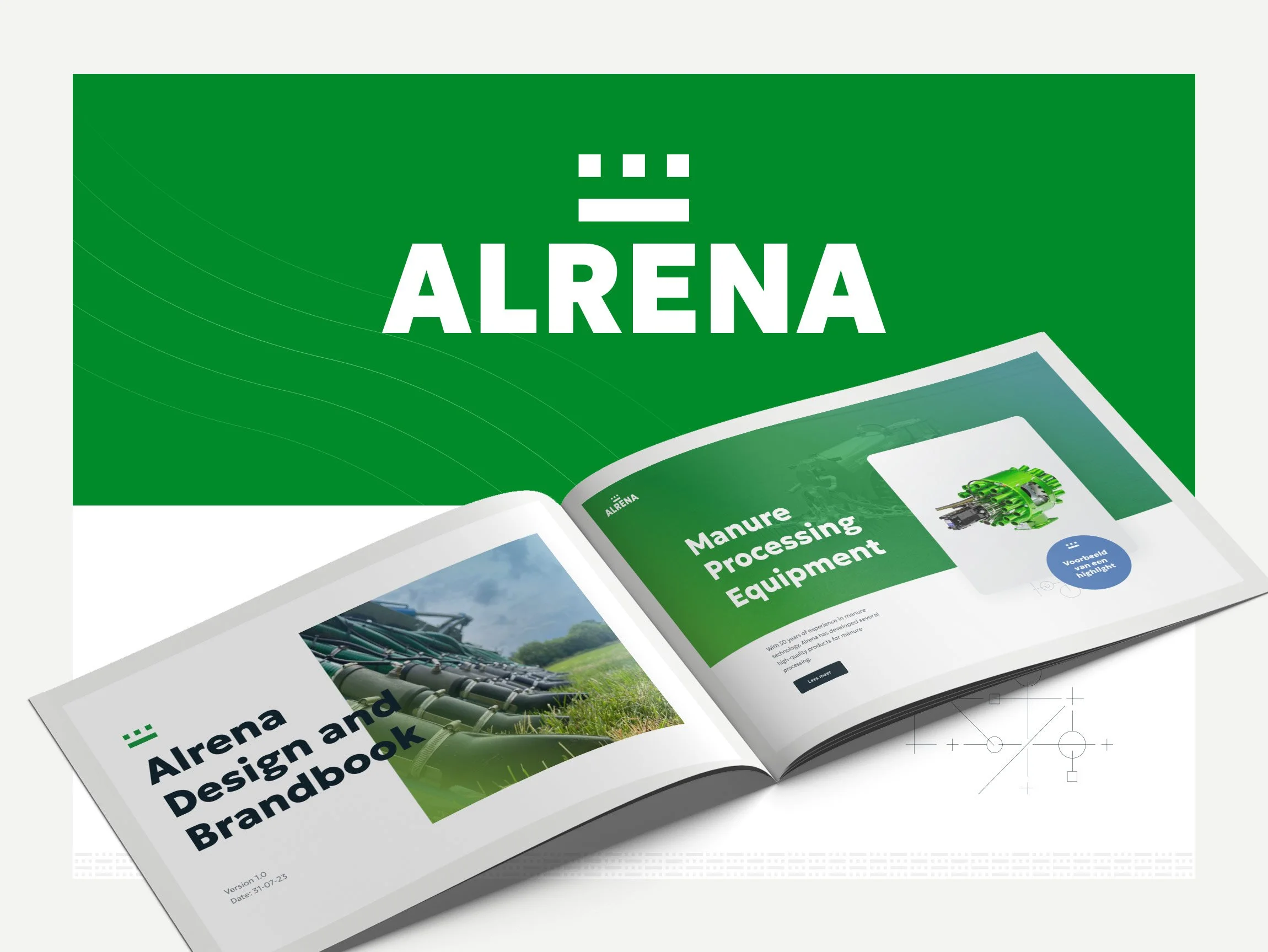 Open product brochure with green and white cover, displaying the name 'ALRENA' and pages showing manure processing equipment and branding information.