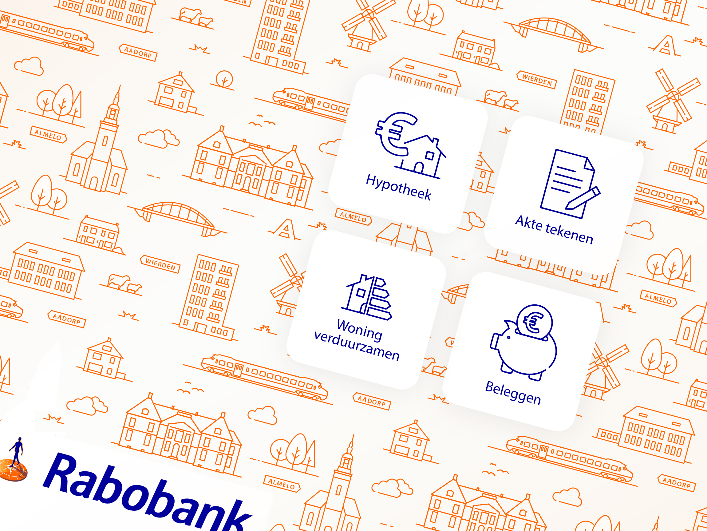 Illustration of various icons and words related to banking and housing, including images of a house, piggy bank, and a person with a shopping cart, with words like 'Hypotheek,' 'Akte tekenen,' 'Woning verduurzamen,' and 'Beleggen' displayed.