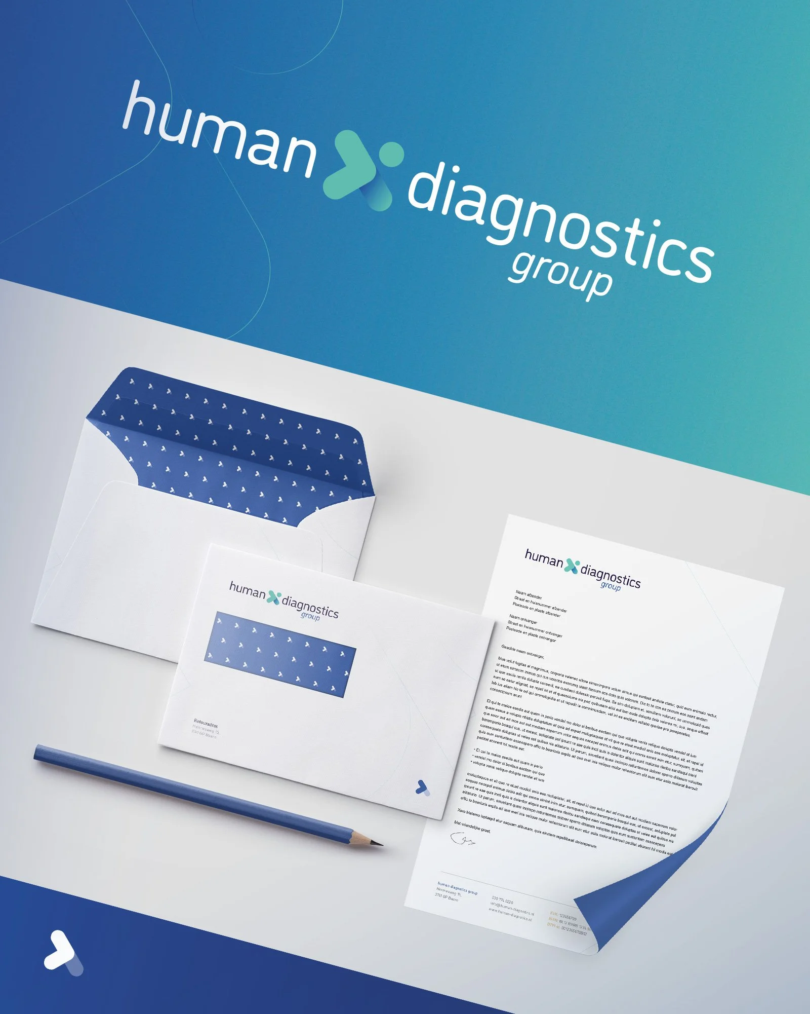 Branding materials for Human Diagnostics Group, including a large box, an envelope with a blue patterned interior, a letter on a white surface, a blue pencil, all featuring the company's logo and color scheme.
