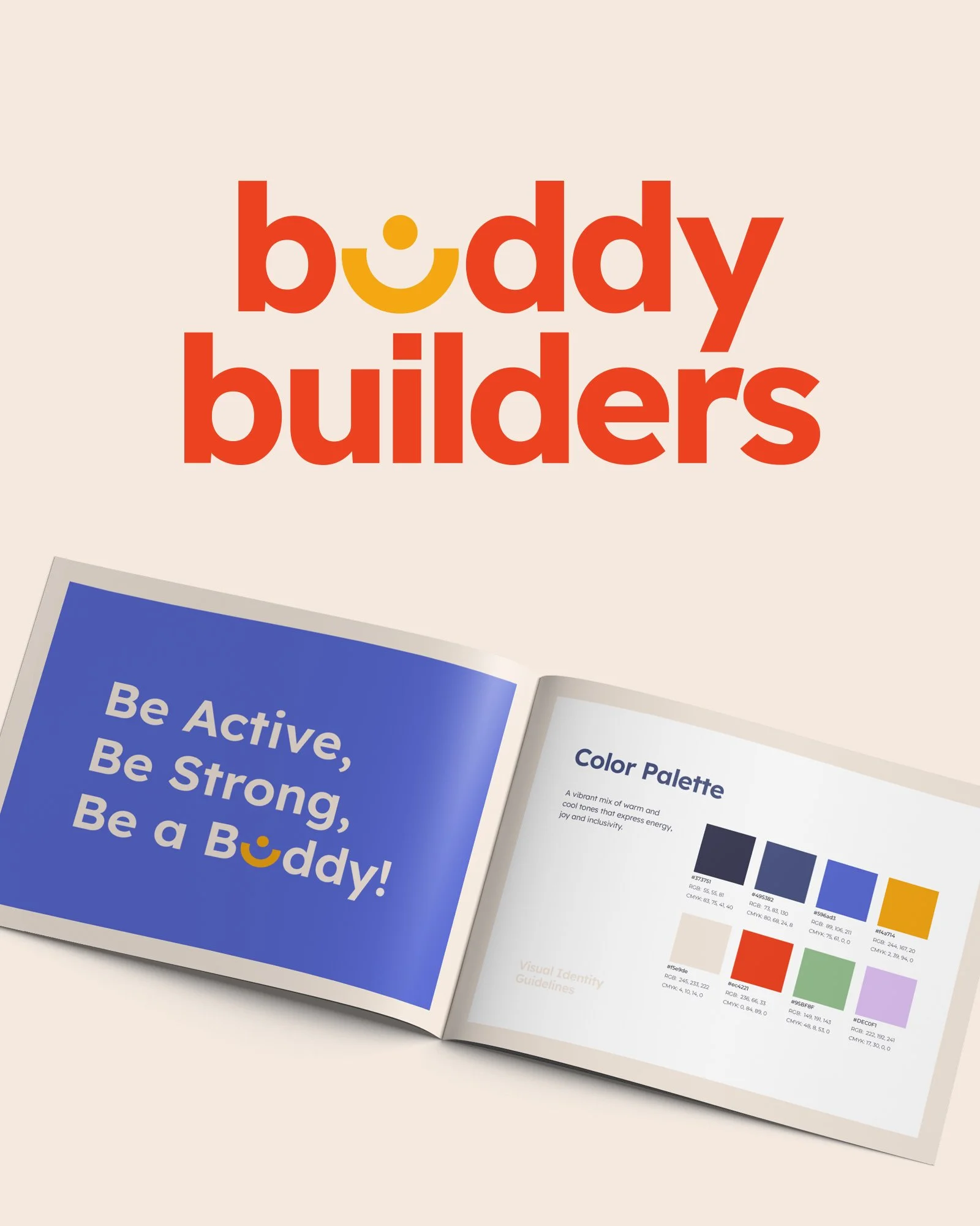Open booklet with title "Buddy Builders" and slogan "Be Active, Be Strong, Be a Buddy!" on a blue background, displaying color palette and visual identity guidelines.