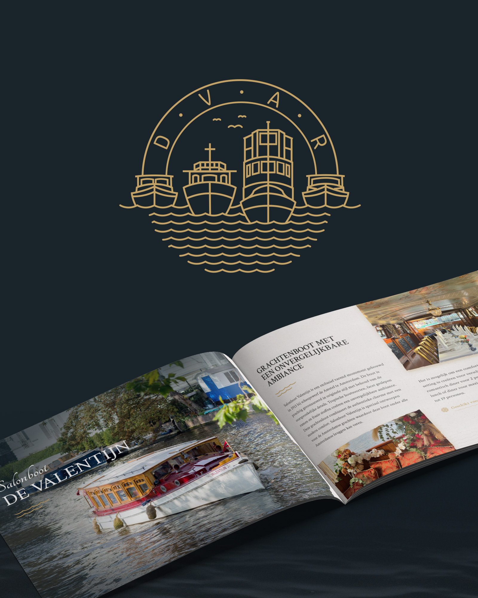 Open brochure showing a canal cruise boat and interior photos with Dutch text about historical canal boats.