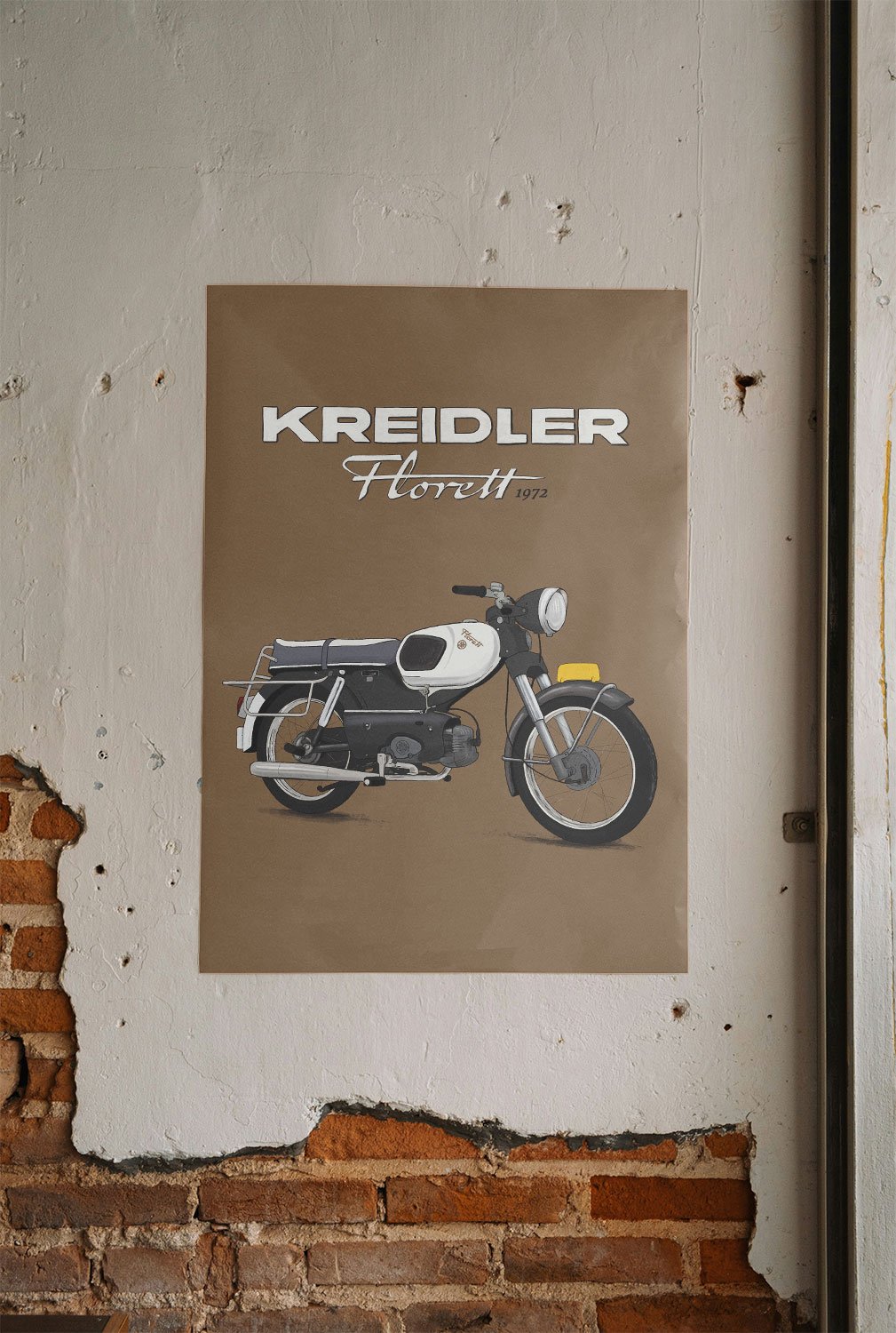 Poster on a textured wall depicting a vintage Kreidler Florett motorcycle with the text "Kreidler Florett 1972".