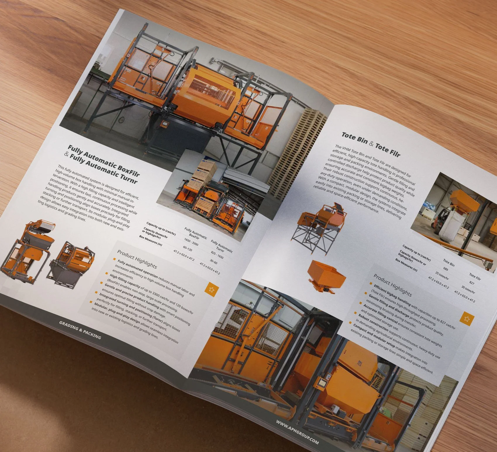 An open brochure displaying images and descriptions of automated industrial equipment, including fully automatic box fillers and tote bins, on a wooden surface.