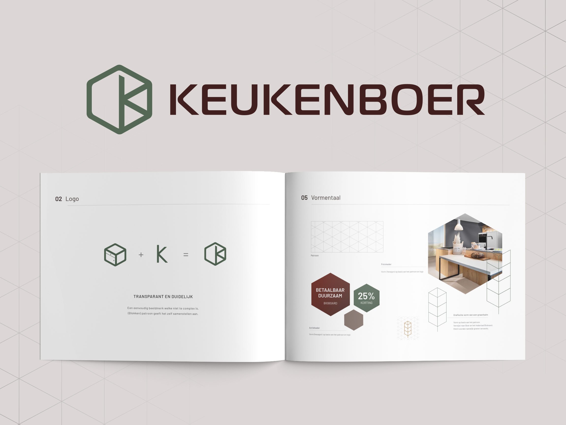 Open brand brochure with logo design and interior decor illustrations, featuring geometric patterns and promotional details.