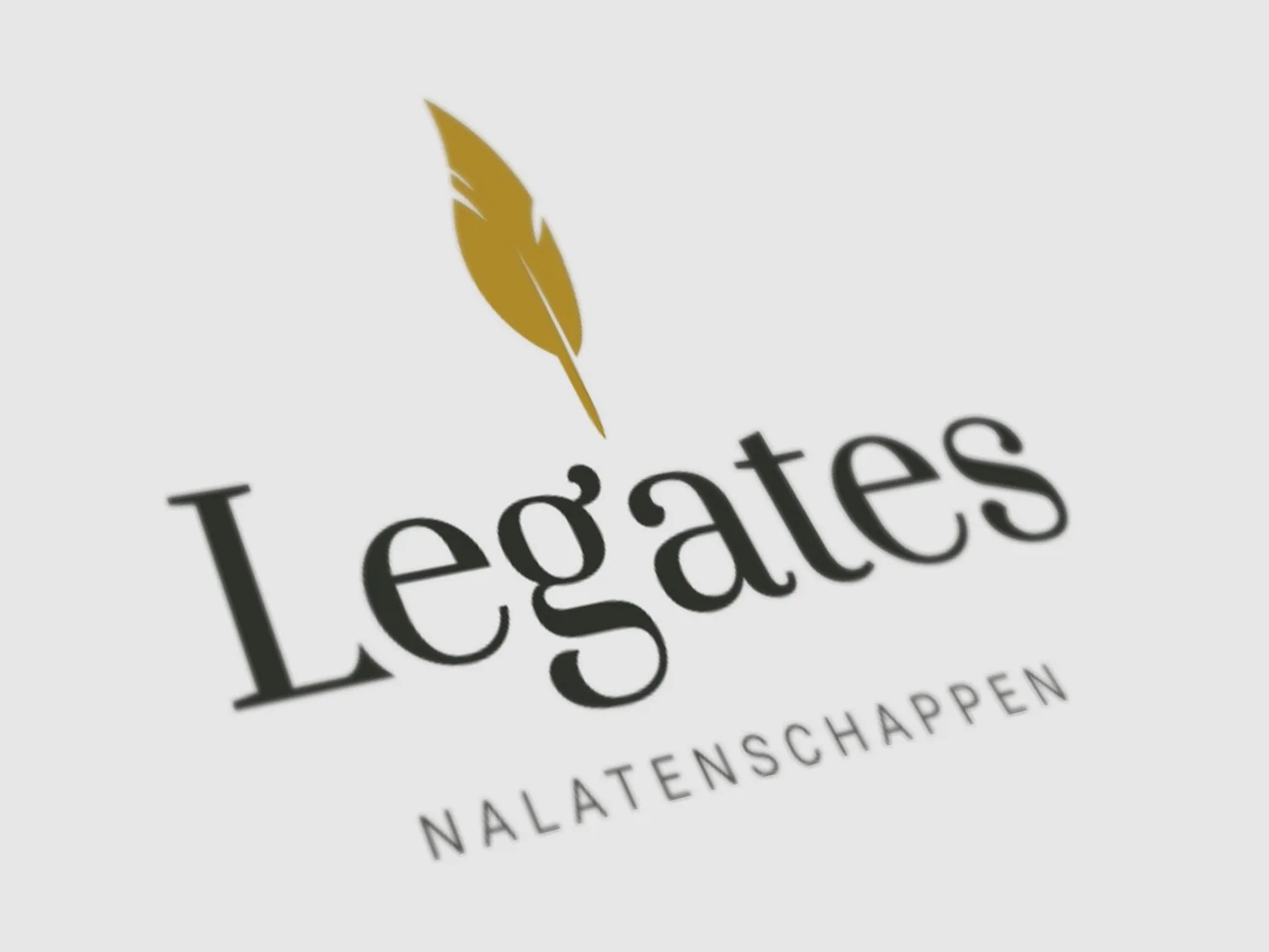 Logo with a gold feather above the word 'Legates' in black letters and 'Nalatenschappen' in smaller gray letters underneath.