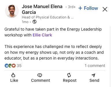 Facebook post by Jose Manuel Elena Garcia expressing gratitude for participating in an energy leadership workshop with Ellie Clark, reflecting on personal growth and energy awareness.