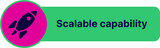 A graphic with a pink circle containing a black rocket icon and green rectangular background with the text 'Scalable capability' in bold black letters.