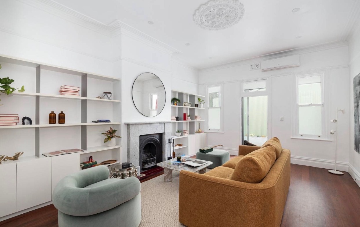 Interior painting of Sydney living room with heritage features and clean white finish