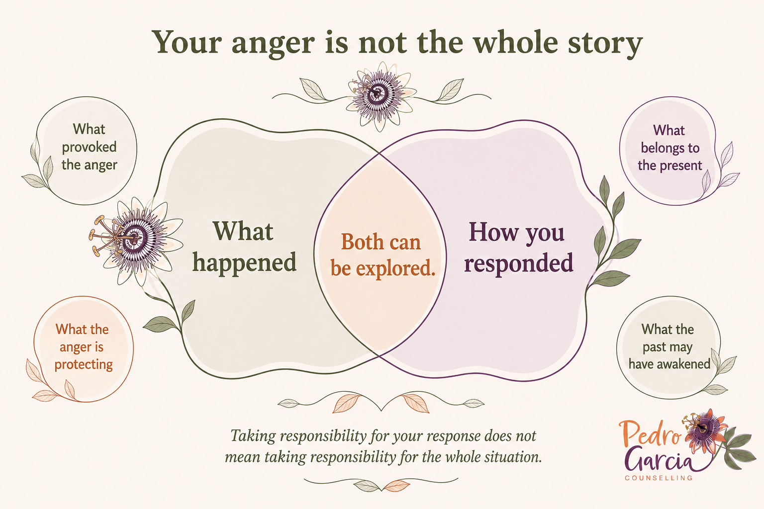 Diagram showing “What happened” and “How you responded” as overlapping experiences that can both be explored, including what provoked the anger, what it protects, what belongs to the present and what the past may have awakened.