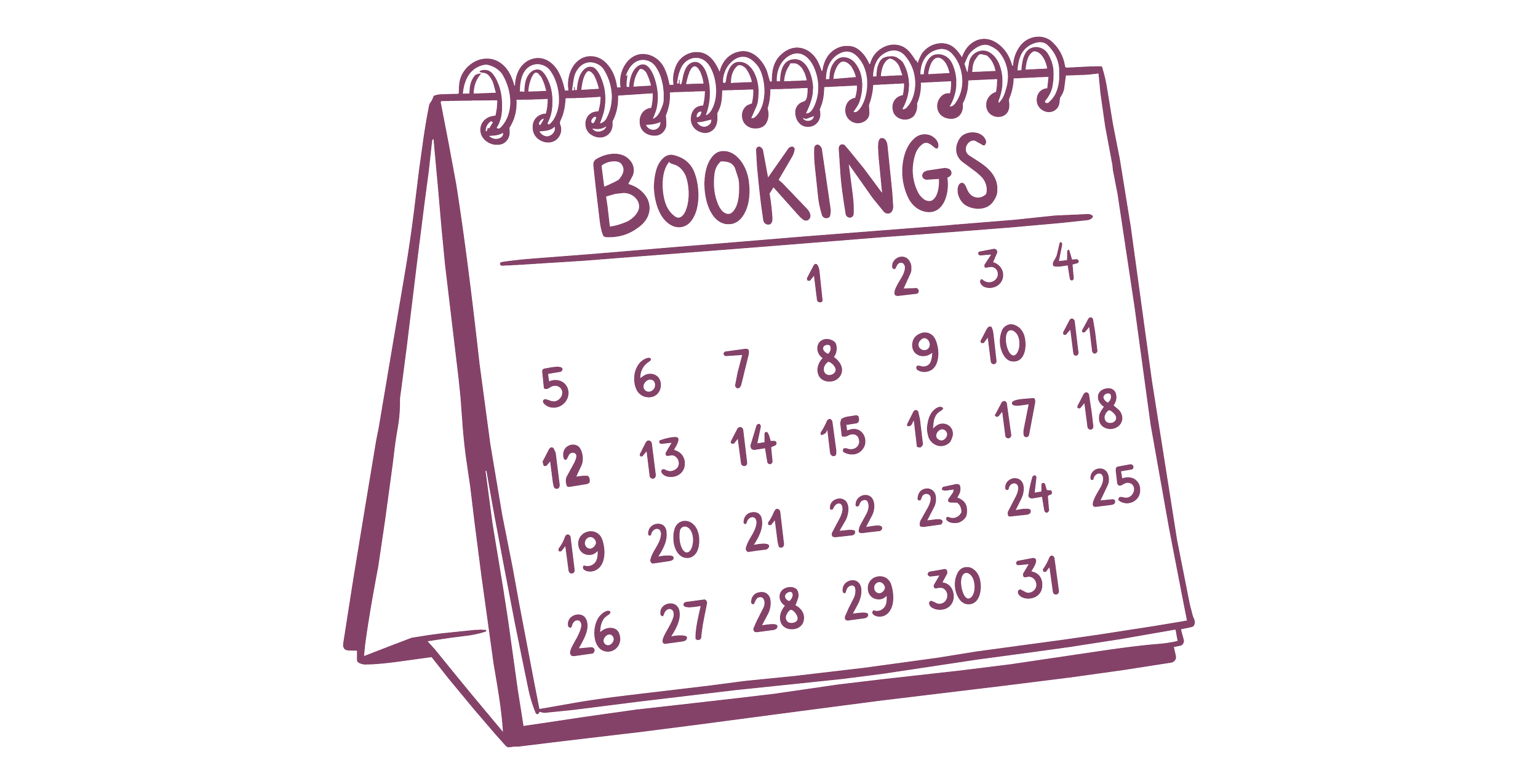 A purple outline illustration of a standing desk calendar with the word 'BOOKINGS' at the top and numbered dates below.