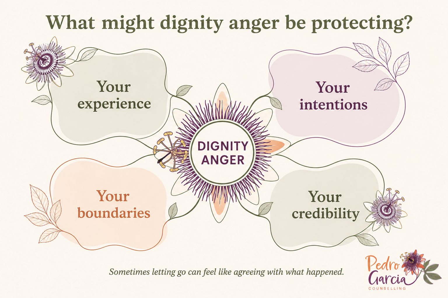 Diagram showing dignity anger at the centre, protecting your experience, intentions, boundaries and credibility.