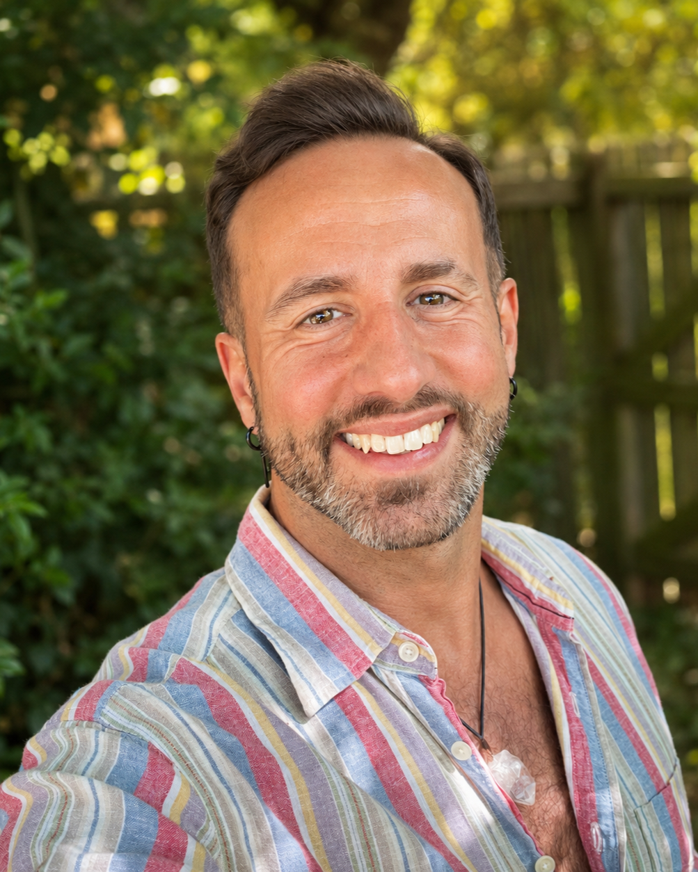 Pedro Garcia, a counsellor, smiling outdoors in a multicoloured striped shirt against a leafy green background.