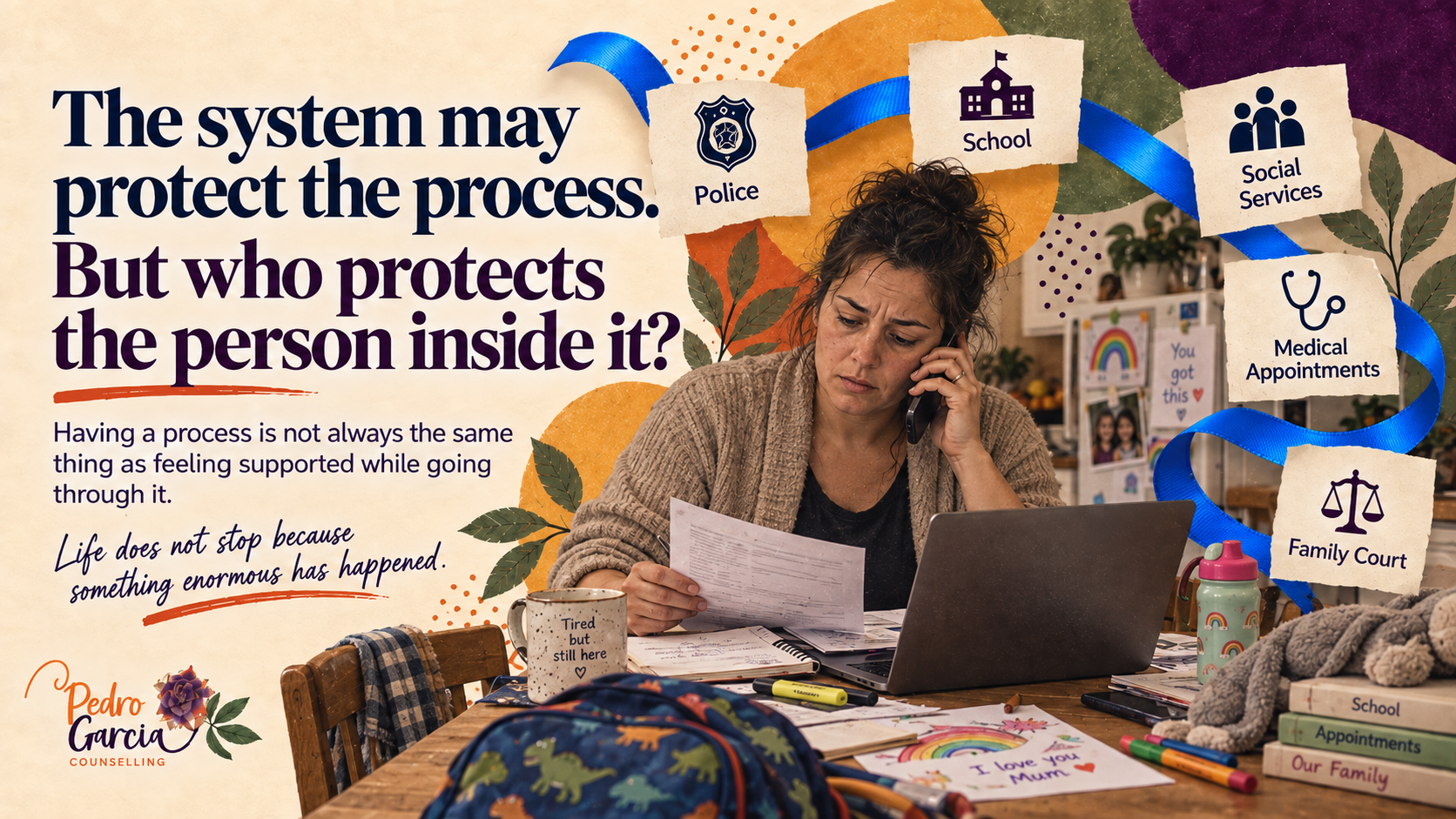 A mother manages paperwork and a phone call at her kitchen table while a blue ribbon connects police, school, social services, medical appointments and family court.