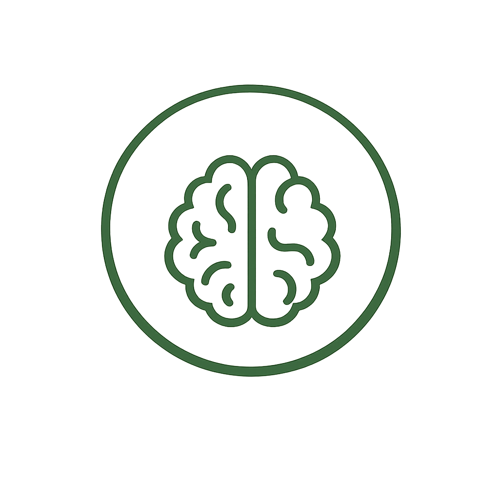 Ein grünes Symbol eines Gehirns in einem Kreis, das auf Gesundheit oder Intelligenz hinweist.