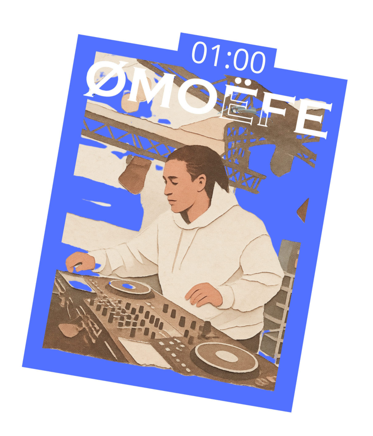 A digital illustration of a person DJing at a turntable with a large industrial structure and blue sky in the background. The image has a tilted blue overlay with the word 'MÖE' and a countdown timer showing 01:00.