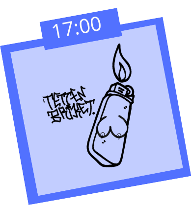 A digital illustration of a Molotov cocktail with a flame coming out of the top, with graffiti-style text that reads "Let it burn!" and a blue background with a blue tag displaying the time 17:00.