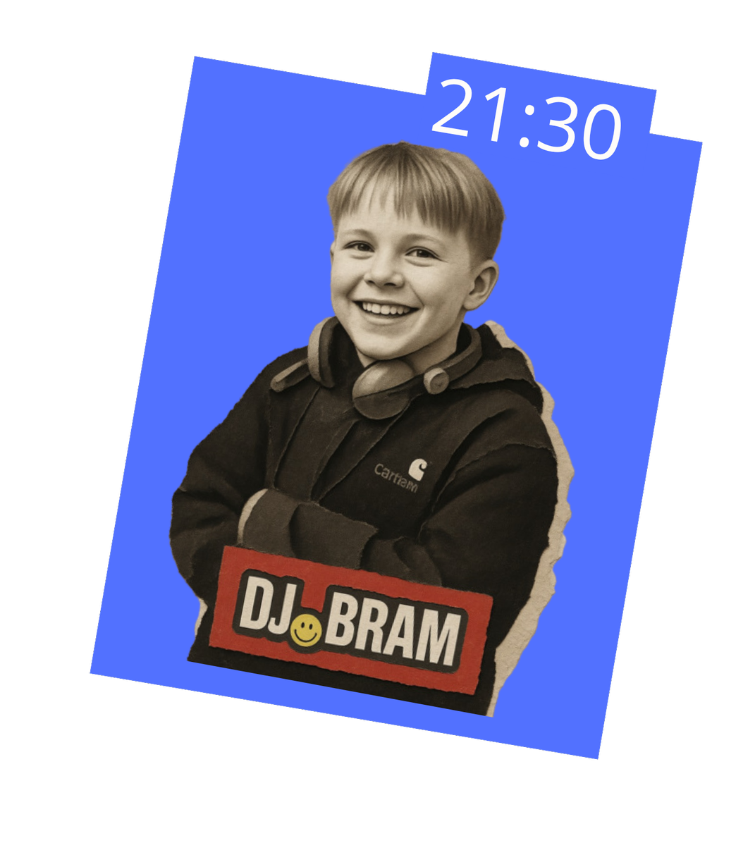 A digital clock display featuring a smiling boy with headphones around his neck, crossed arms, and a DJ award badge that reads "DJ BRAM." The background is blue and the clock shows the time 21:30.