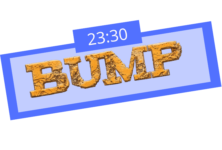 A digital clock showing 23:30 above a blue sign with rust-colored 3D letters spelling 'BUMP' on a light blue background.