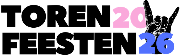 Graphic design with the words 'Toren 20' in black and pink, and 'Feesten 26' in black and blue, featuring stylized text and a graphic of a hand making a rock and roll gesture.