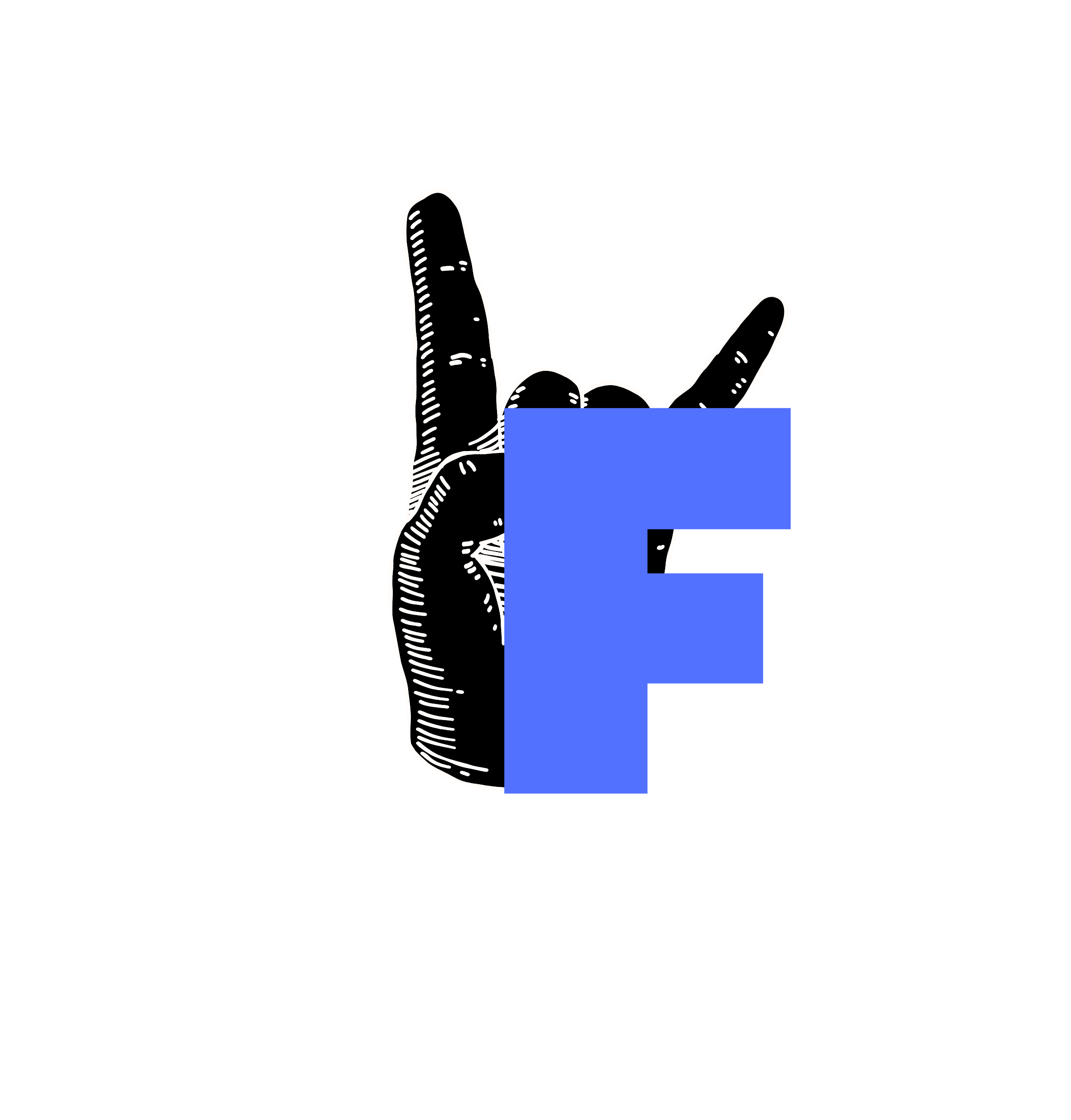 A black and white illustration of a hand with two fingers raised in a peace sign gesture, with a blue block overlapping the lower part of the hand.