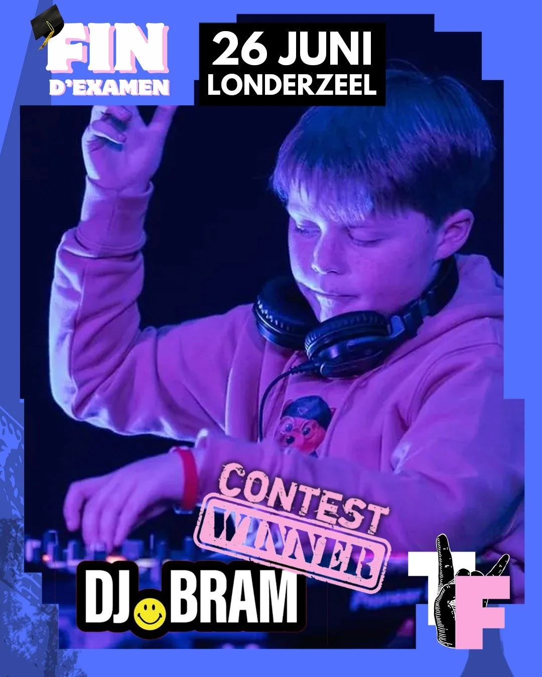 A young boy with headphones around his neck is DJing, raising one hand with a peace sign, and the other on the turntables. The photo is in purple and blue tones with promotional text overlaying it, including "FINAL EXAMEN," "26 JUNI LONDERZEEL," "CONTEST WINNER," and "DJ BRAM" with a smiley face.