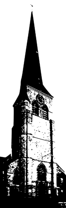 Black and white photo of a tall, ornate church steeple with a cross on top.