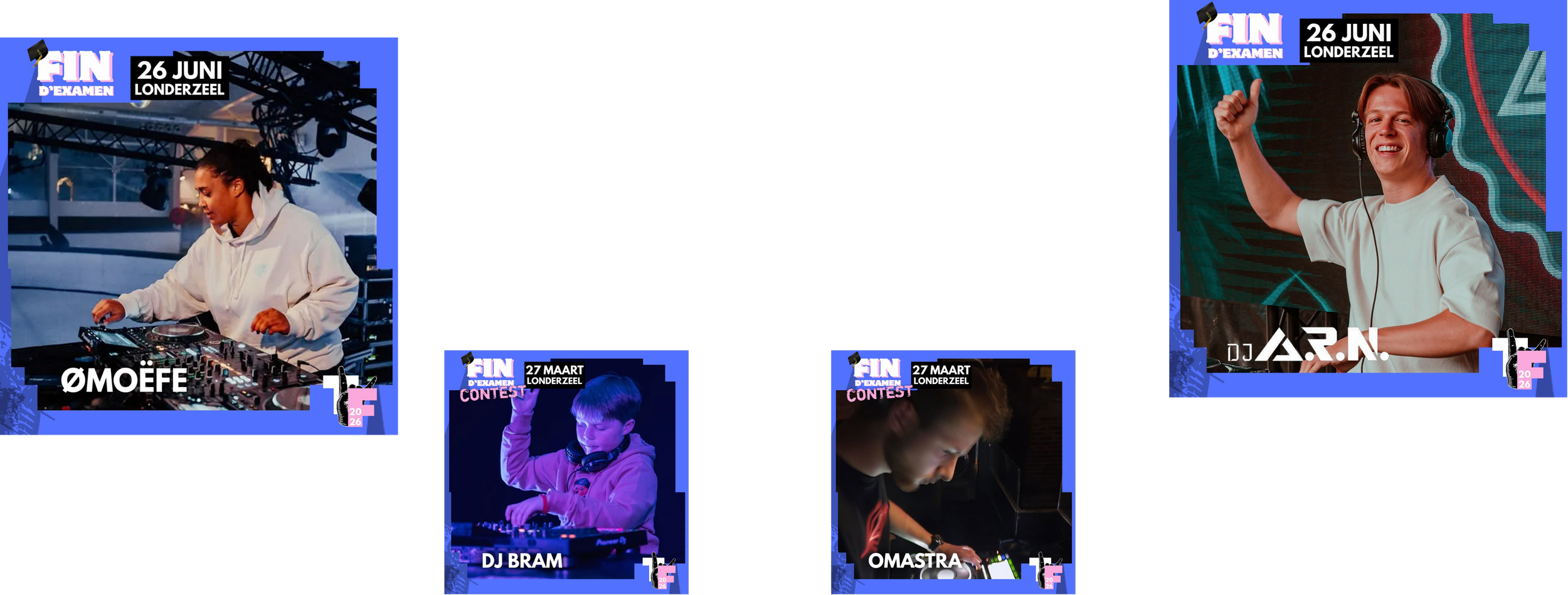 A digital collage promoting a series of DJ events on June 26 and March 27, featuring images of DJs and event details, with a vibrant blue and black design.