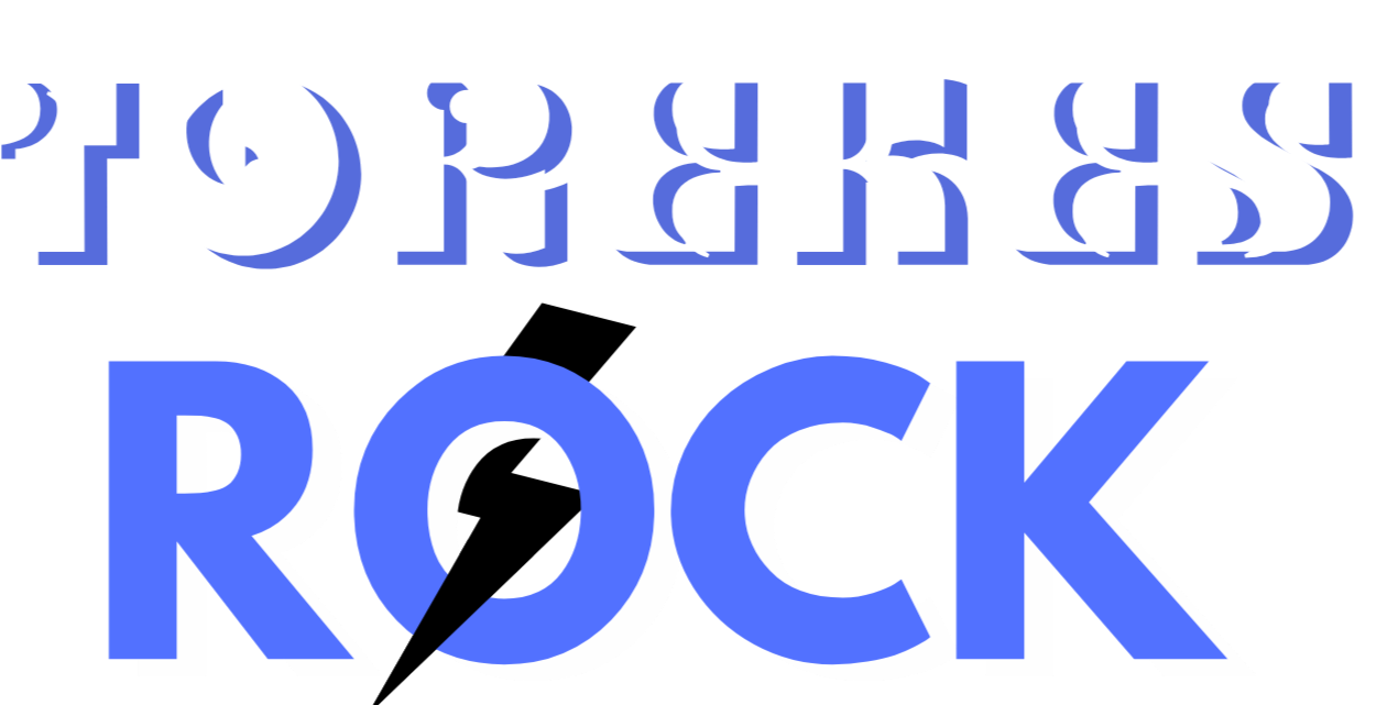 Tekst die zegt 'Toreks Rock' met een dubbele letterstijl in wit en blauw