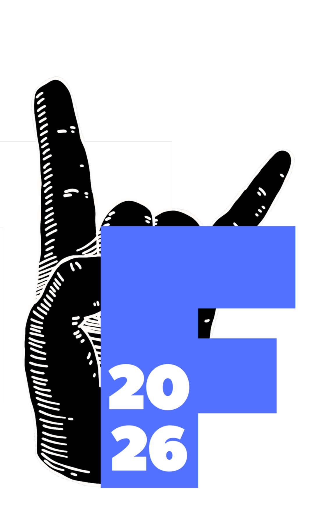 A stylized black-and-white drawing of a hand making a peace sign, with a blue 2026 overlay and colored background divided into black, white, and gray sections.