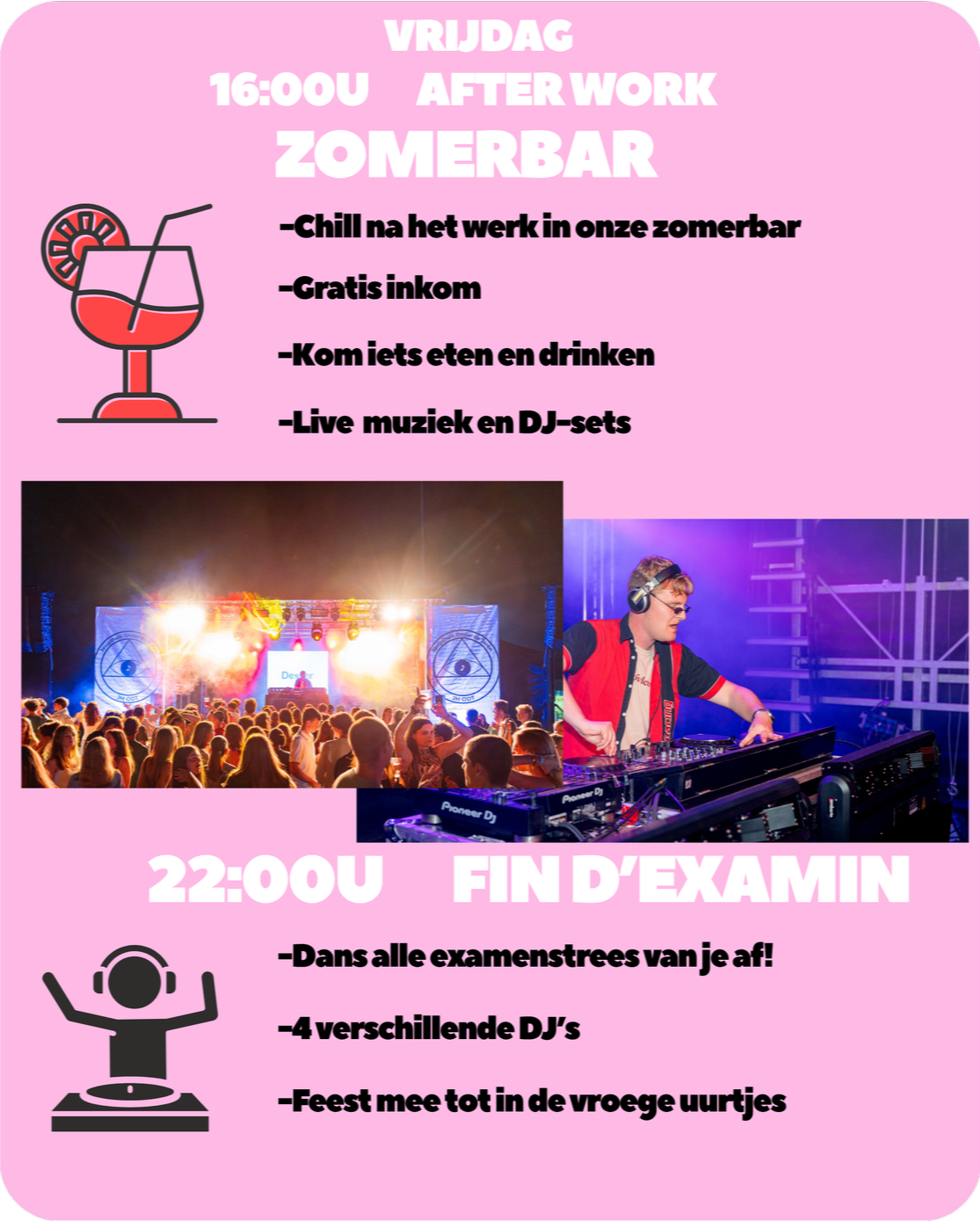 Pink event flyer for a summer party on Friday, featuring a cocktail graphic, two photos of the party with an audience and DJ, and text detailing activities from 4:00 PM to late night, including free drinks, food, live music, and DJ sets.