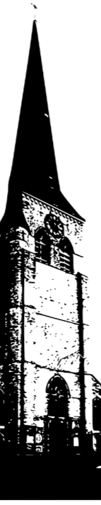 Outline of a tall church steeple with a spire and decorative architectural details.