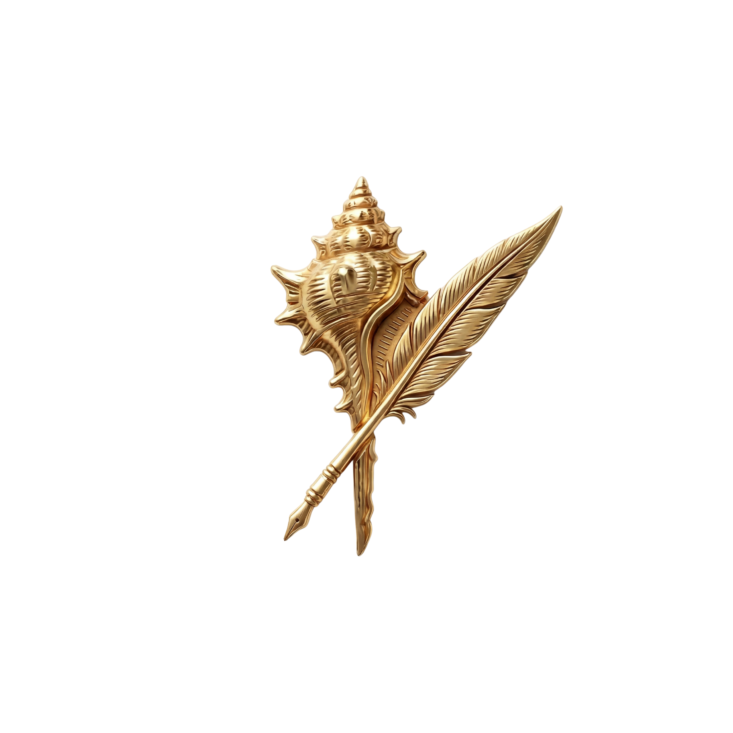 Golden decorative seal with a feather quill and scroll on a black background.