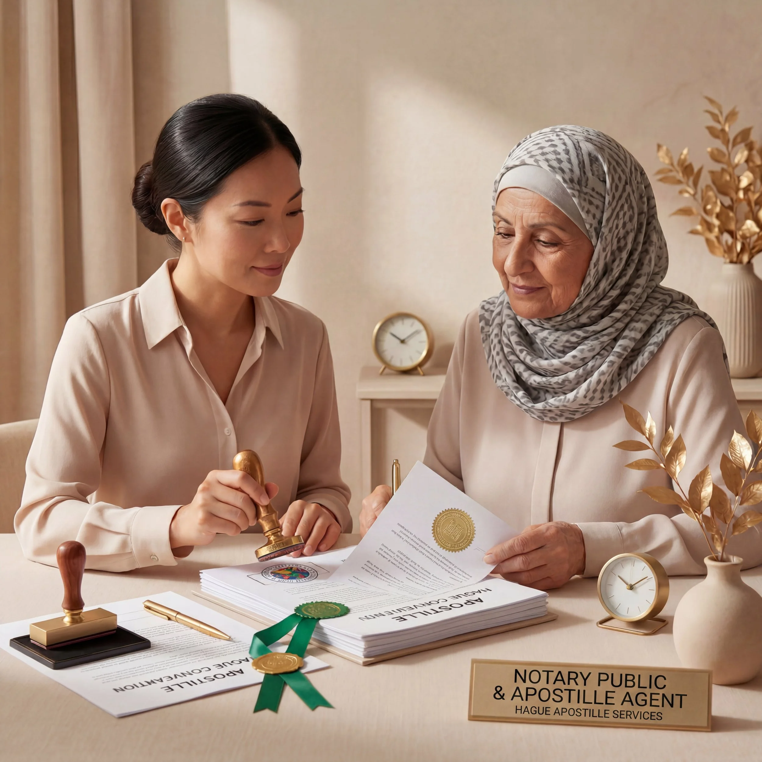 A female notary public in a beige blouse and a woman in a patterned headscarf look on as the notary public and apostille agent reviews documents with a gold seal, medals, and a clock on the table in an office.