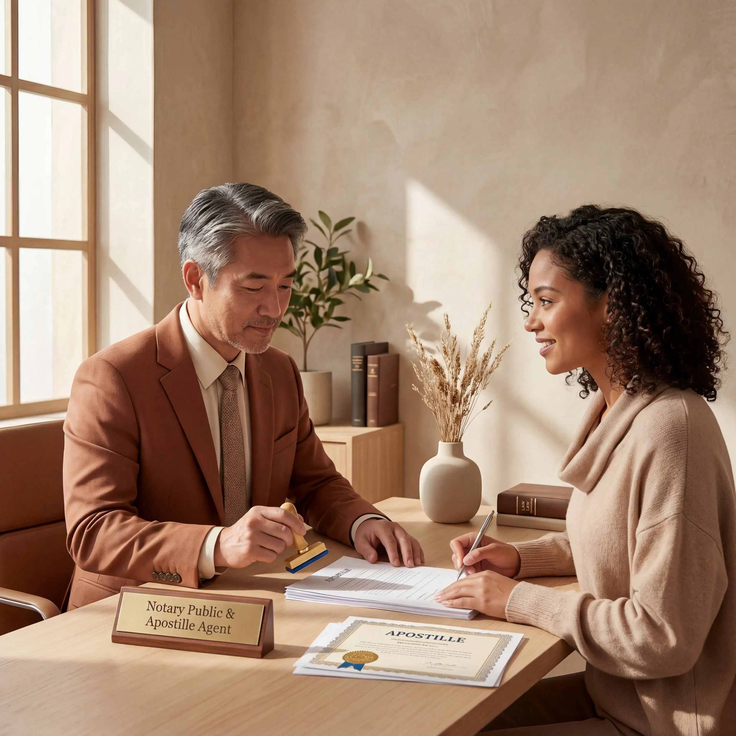 A male Notary Public in a brown suit sitting at a desk with a woman in a beige blazer. The desk has a sign that reads "Notary Public & Apostille Agent," a stack of documents, and a certificate. Behind them is a window, and a plant.
