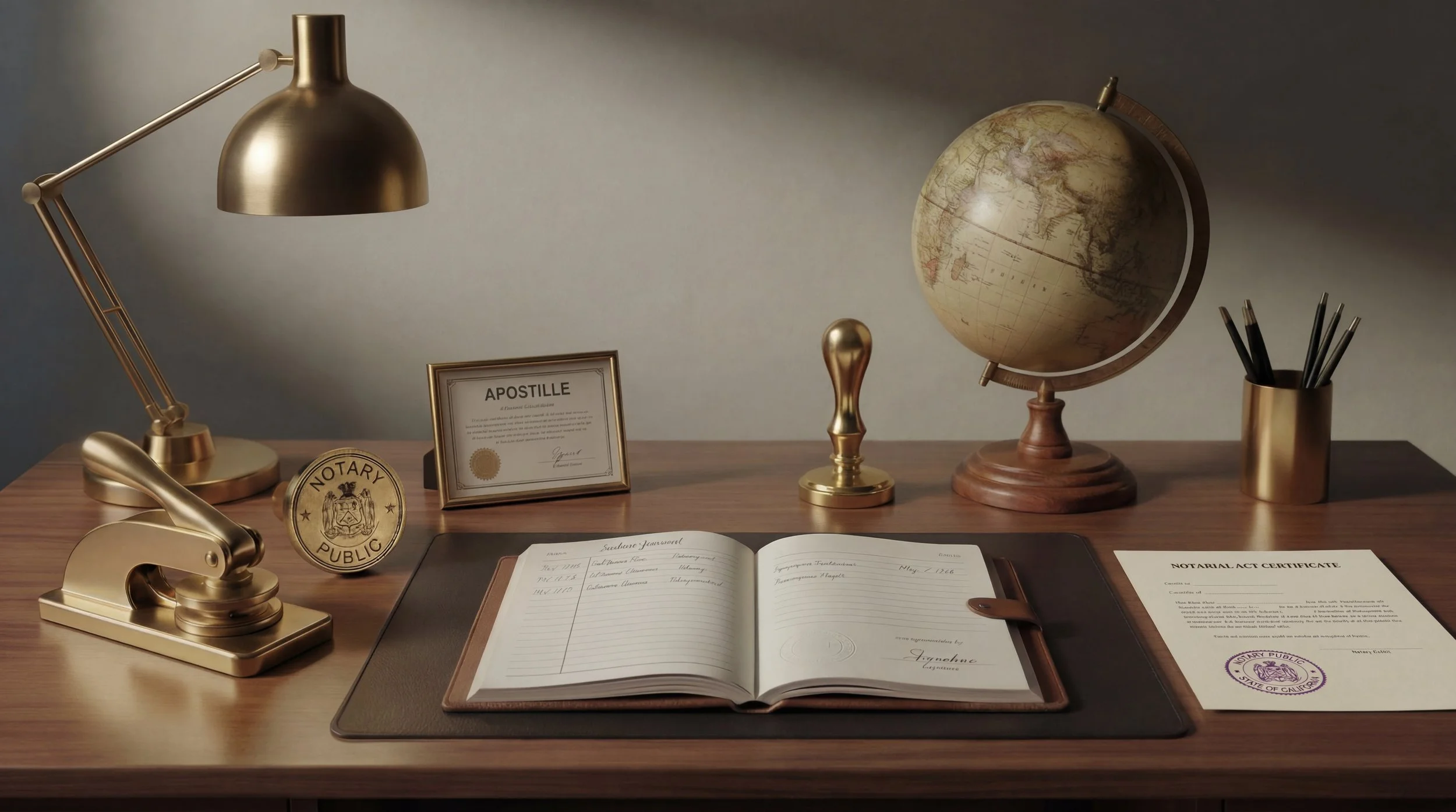 A wooden desk with a gold desk lamp, a black pen holder with black pens, a globe, a gold notary emblem, a framed notary certificate, an open notebook, and a label for a notarial act certificate.