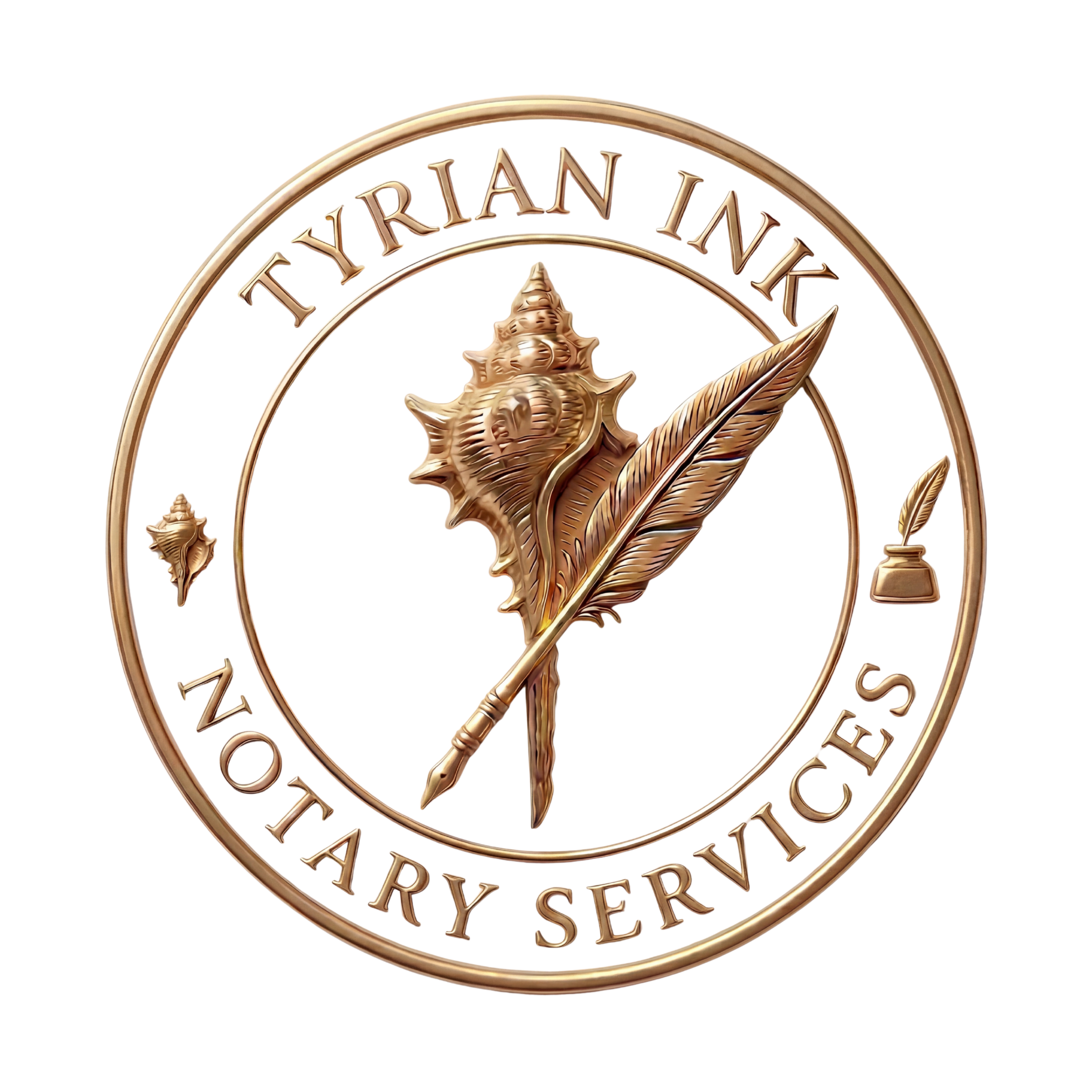 Golden circular sign with the words "TYRIAN INK" and "NOTARY SERVICES" and an ornate shell and feather pen design in the center.