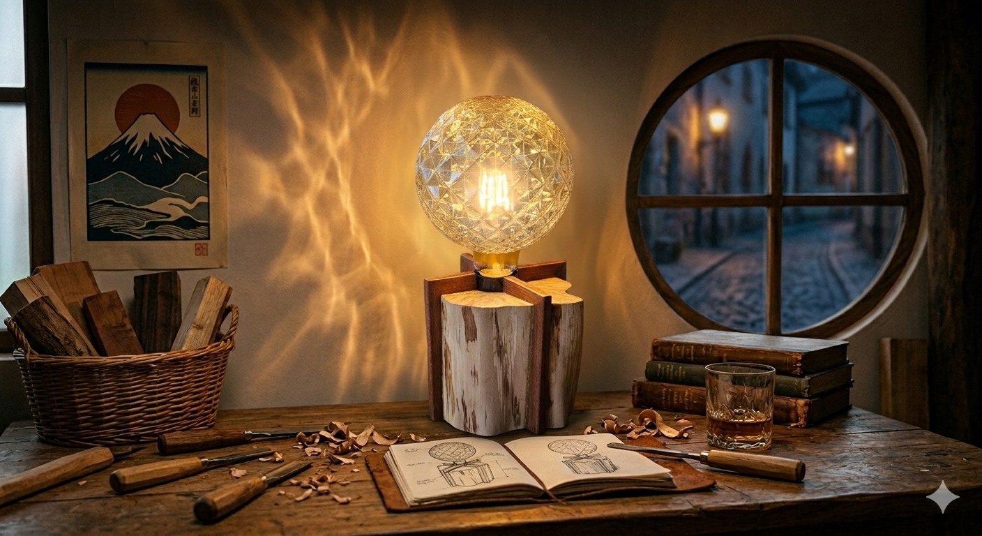 Lampe artisanale naturelle en bois fabriquée à la main pour une lampe unique de salon, de chevet ou bibliothèque