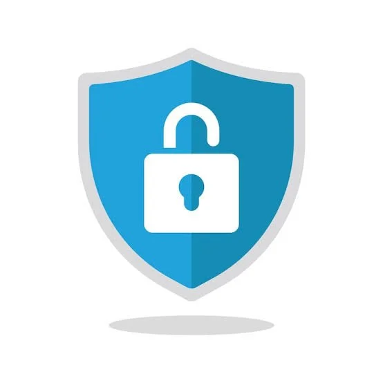 Bouclier bleu avec un cadenas blanc ouvert, symbole de sécurité et de protection des données.