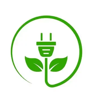 Logo vert représentant une prise électrique stylisée intégrée à une plante, entourée d’un cercle.