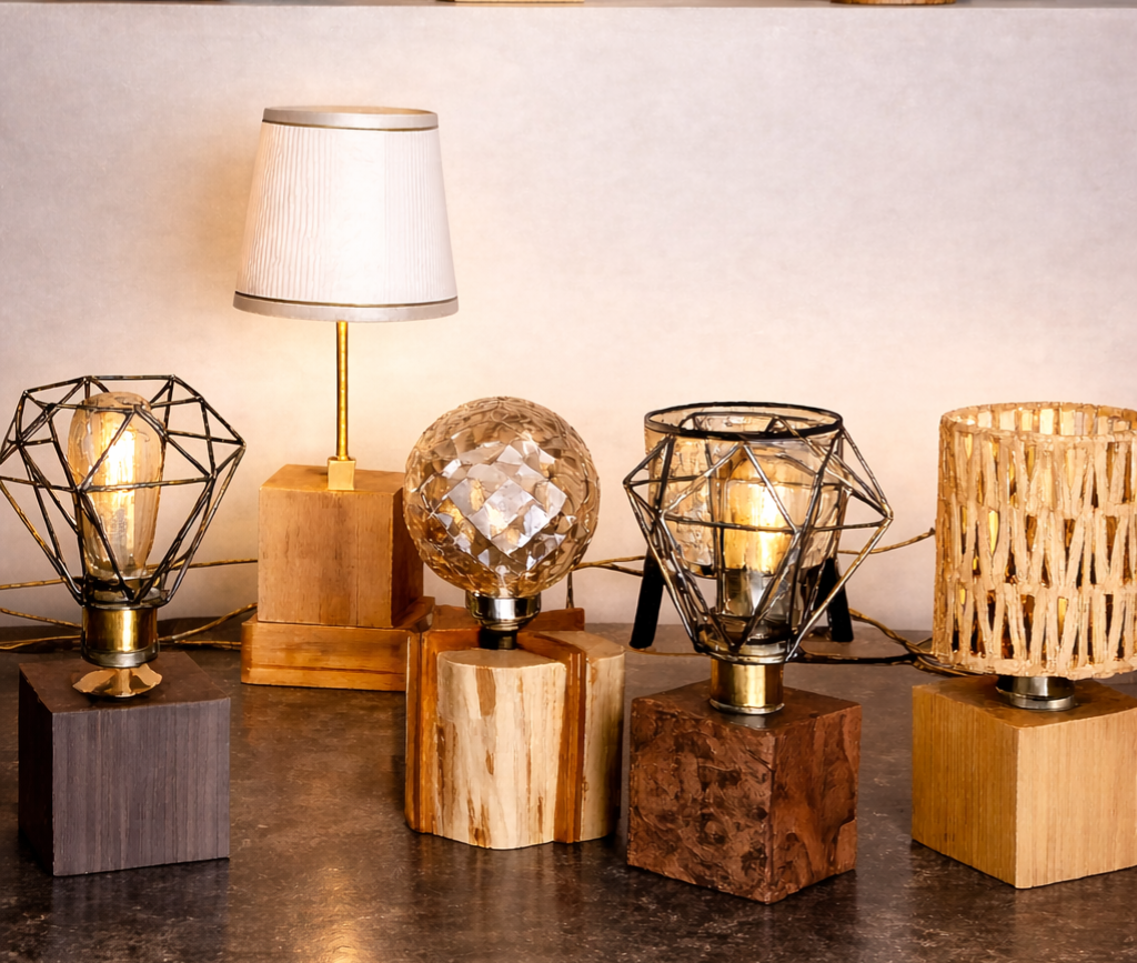 Lampes artisanales décoratives conçues à partir d'essences de bois nobles, lampe de chevet, lampe de salon, lampe de bibliothèque, lampe de bureau, luminaires piour la maison pour une ambiance cosy et chaleureuse.