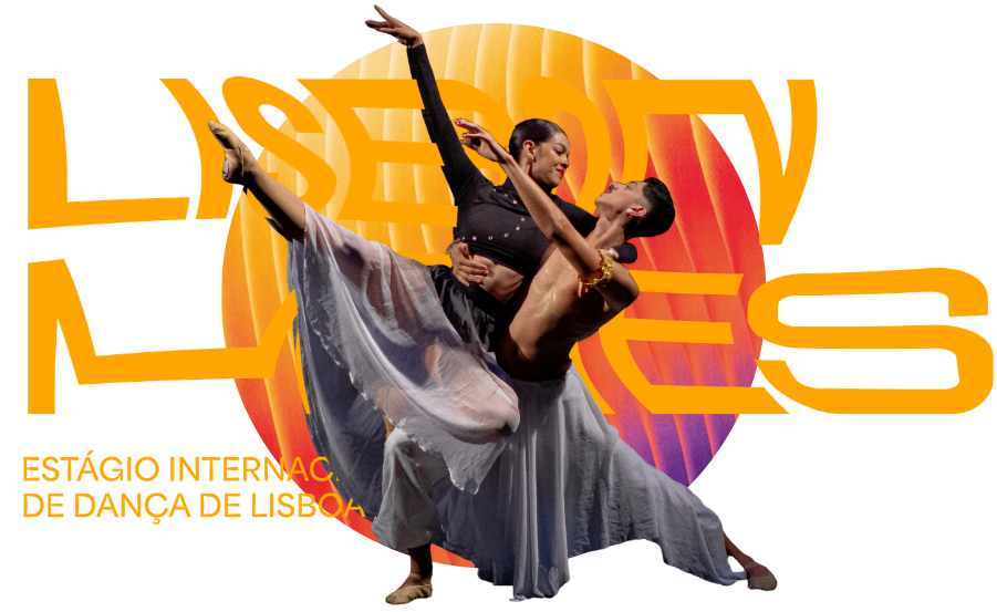 Dança artística com dois bailarinos em movimento, fundo colorido com palavras em destaque 'Festival'.