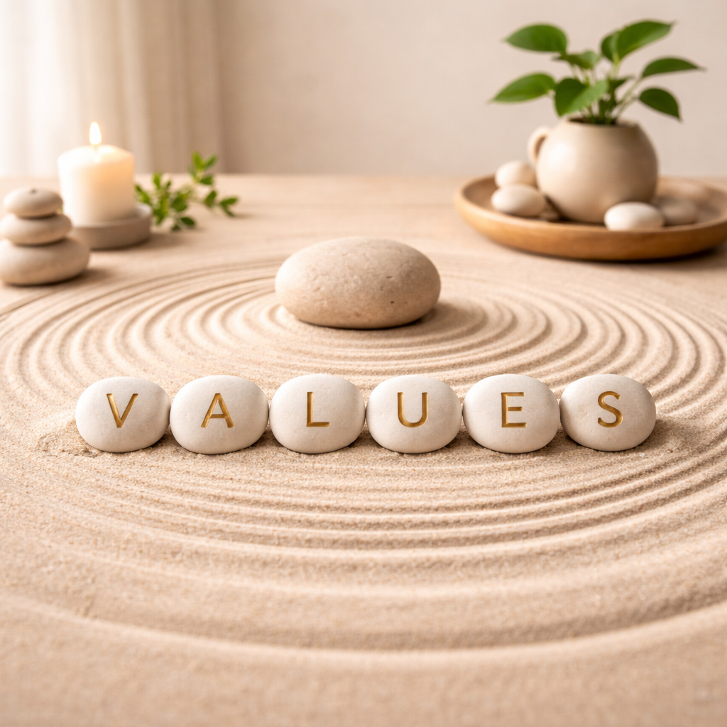 Six smooth white stones with gold letterings spell out 'VALUES' on a sand surface with concentric circles, a large white stone, a candle, stacked stones, and a potted plant in the background.