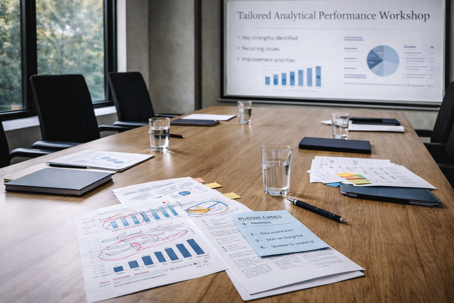 A conference room with a wooden table, several glasses of water, notebooks, and documents on the table. A presentation slide titled 'Tailored Analytical Performance Workshop' is displayed on a screen on the wall, with charts and keywords.